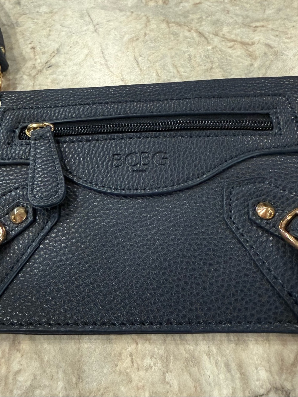 BCBG Paris Navy Blue Pebbled Leather Moto Wristlet Clutch Wallet Gold